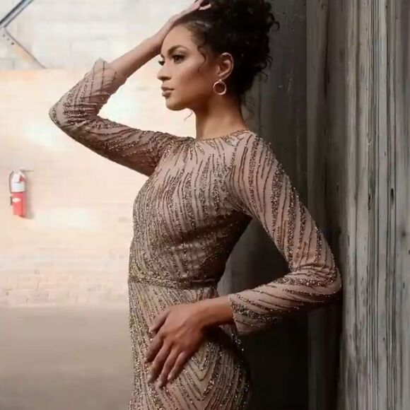 Mac Duggal Long Sleeve Beaded Column Gown Dress Mocha Size 4 - Picture 1 of 14